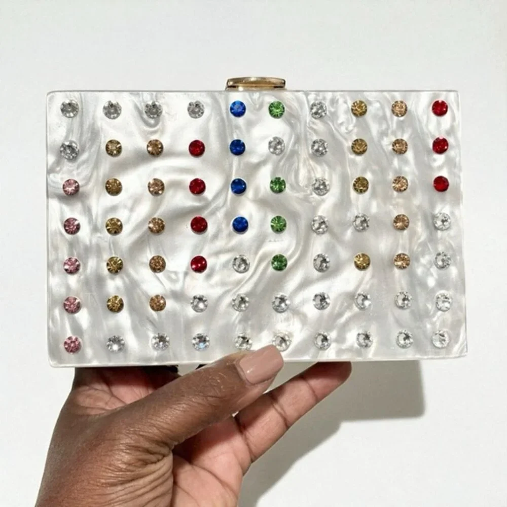 Milly Box Acrylic Clutch Swarovski Crystal Rainbow Stripe Removable Chain